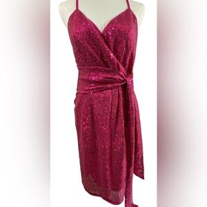 Grace Karin Women’s M Hot Pink Sequin Glamorous Barbiecore Formal Wrap Dress